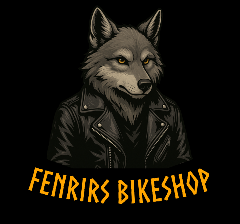 Gezeichneter Wolf mit einer Lederjacke, darunter die Worte Fenrirs Bikeshop. Es ist das Logo der E-Scooter Werkstatt.